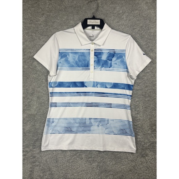 EUC Puma Golf Polo Medium Summer Resort Blue Floral Striped White - Picture 1 of 7